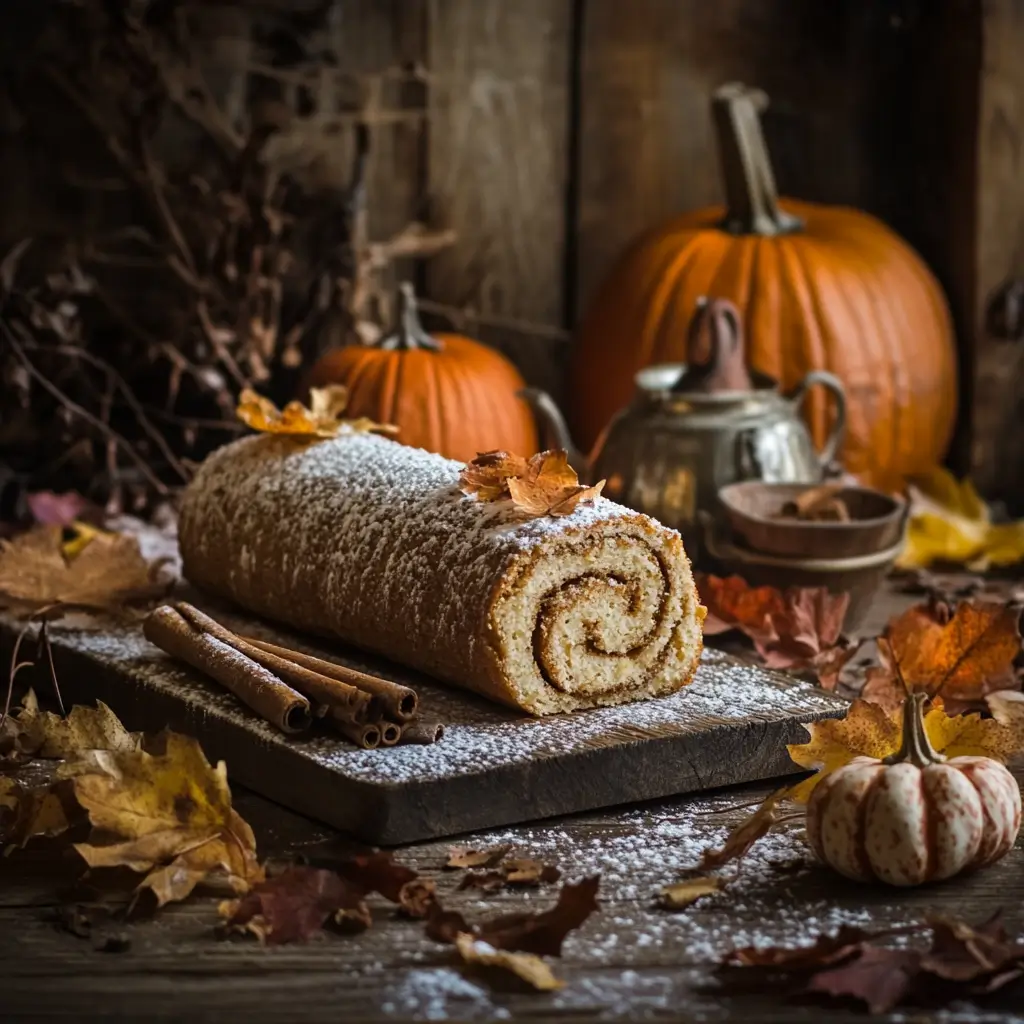 Libby’s Pumpkin Roll on a rustic wooden table, dusted with powdered sugar, surrounded by cinnamon sticks, autumn leaves, and pumpkins.