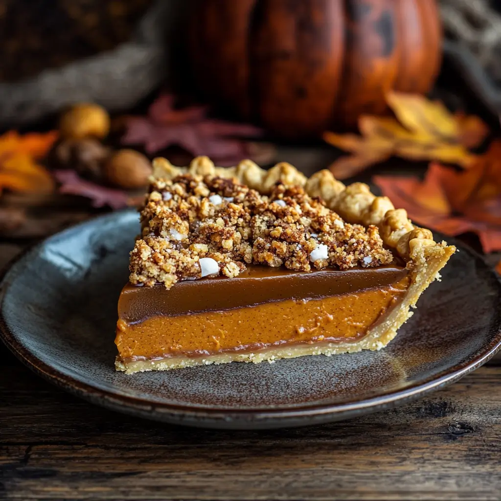 A styled image of a sliced Milk Bar pumpkin pie showing layers of cornmeal crust, pumpkin ganache, salted caramel, and streusel topping, placed on a rustic table with autumn decorations.
