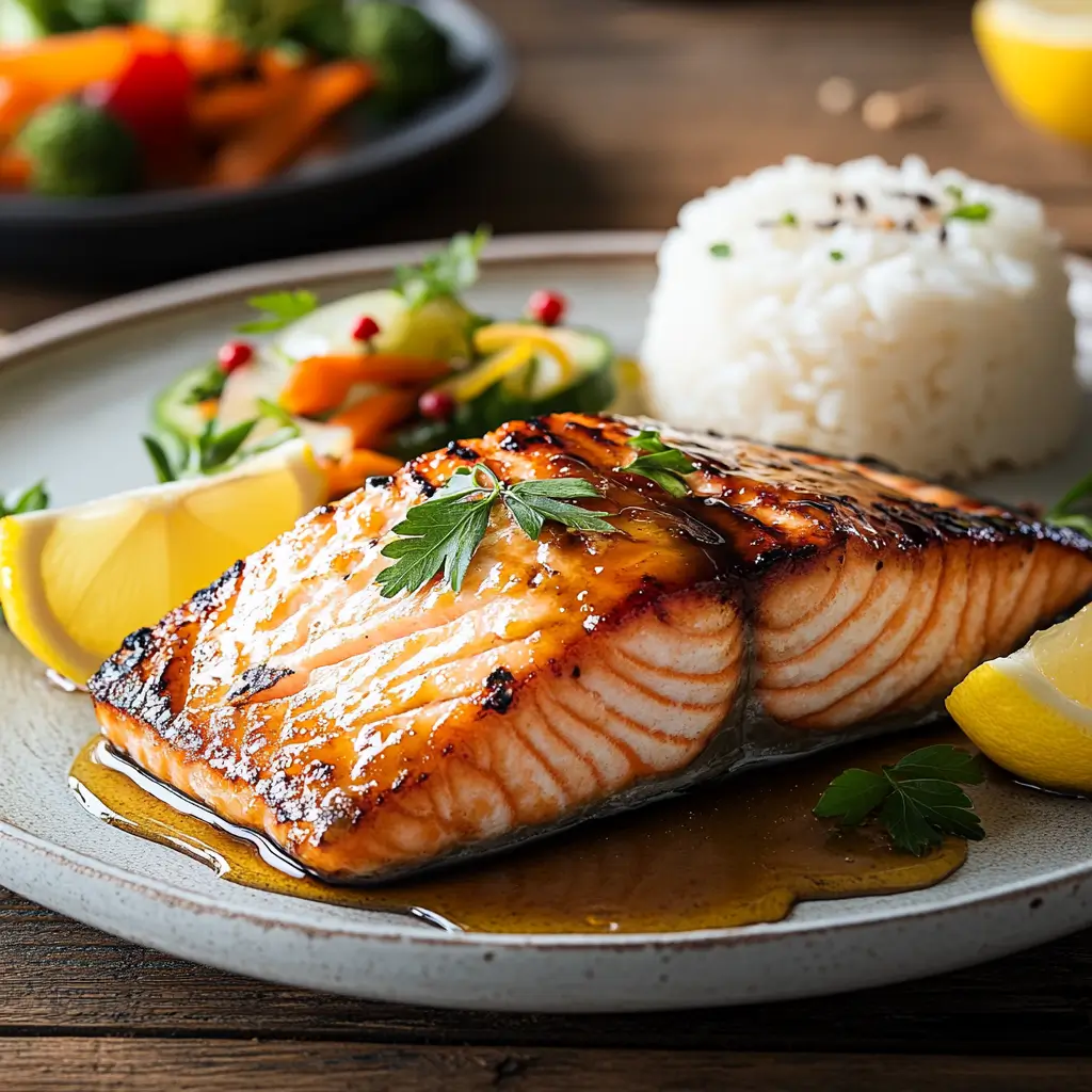 Grilled salmon belly garnished with lemon and herbs, served with steamed vegetables and rice on a rustic table.