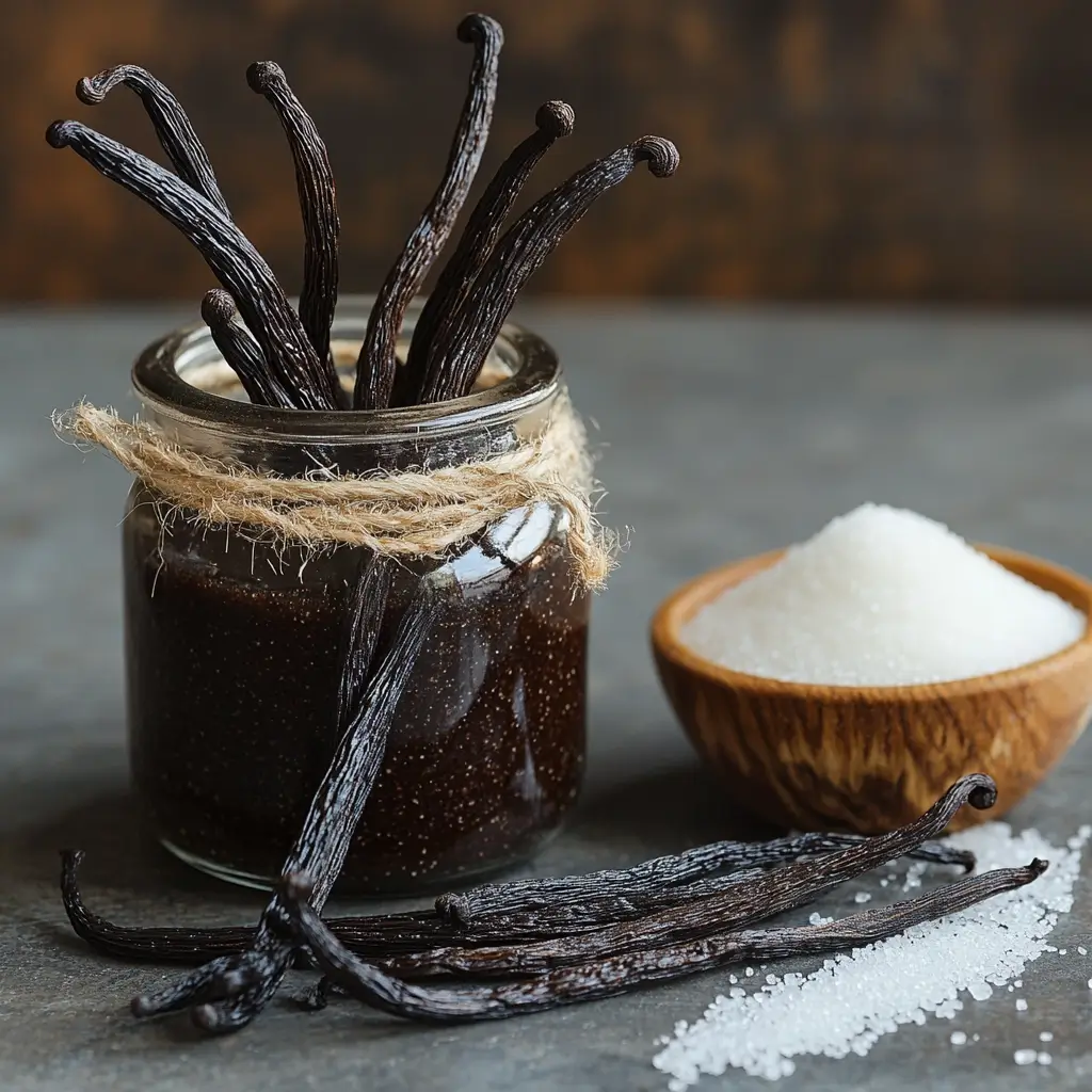 A jar of homemade vanilla paste with vanilla beans and a bowl of sugar on a rustic kitchen countertop.