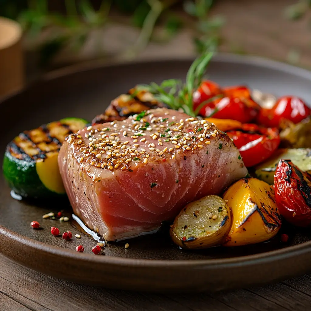 Seared bluefin tuna steak garnished with sesame seeds and served with grilled vegetables on a rustic wooden table.