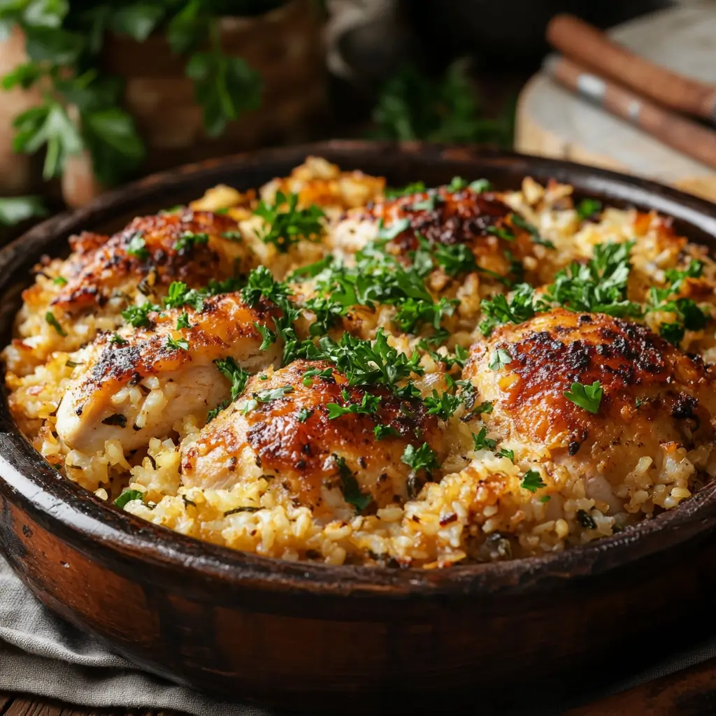 A golden-brown chicken and rice casserole garnished with parsley, served in a rustic kitchen setting.