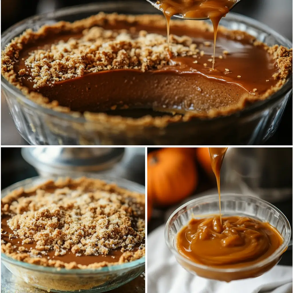 Collage showing the step-by-step assembly of the Milk Bar pumpkin pie, including preparing the cornmeal crust, making pumpkin ganache, pouring salted caramel, and adding the streusel topping.