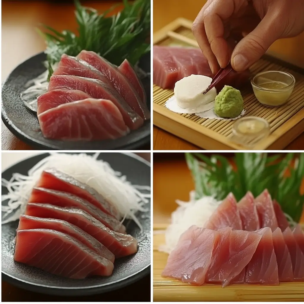 A collage showing the preparation process for bluefin tuna sashimi, including slicing, arranging on a plate, and adding wasabi and pickled ginger.