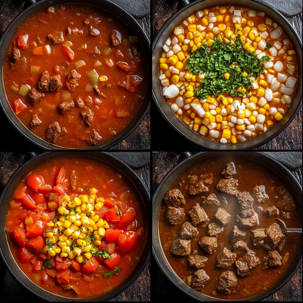 A collage showing the preparation process of Tomaticán: sautéing onions and garlic, adding tomatoes and corn, simmering beef, and the finished stew.