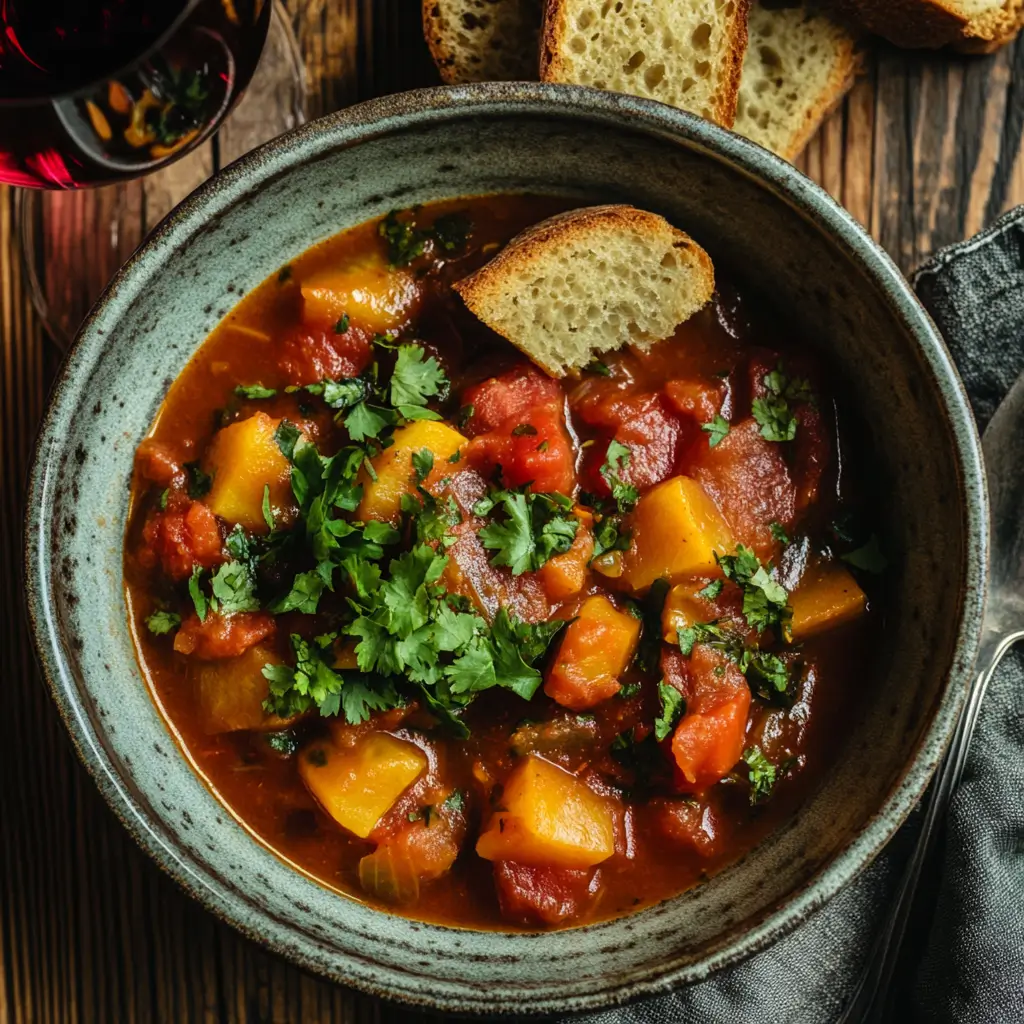 A bowl of Chilean tomato stew garnished with fresh cilantro, served with crusty bread and a glass of red wine on a rustic wooden table.