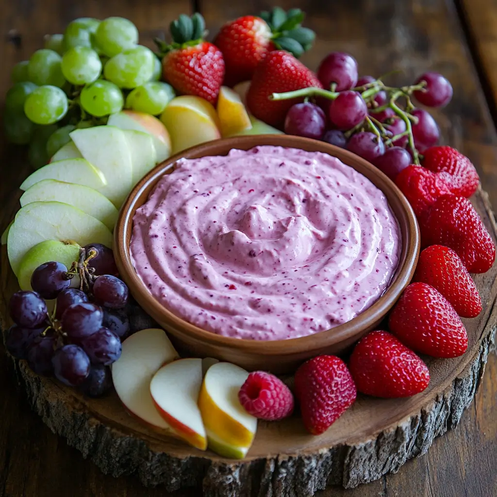 A bowl of raspberry lemon fruit dip with fresh strawberries, apple slices, and grapes on a rustic wooden platter.