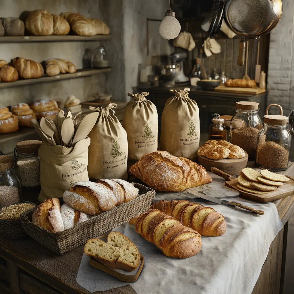A rustic kitchen scene featuring Francine flour packages next to freshly baked French bread and pastries, evoking a cozy, artisanal baking atmosphere.