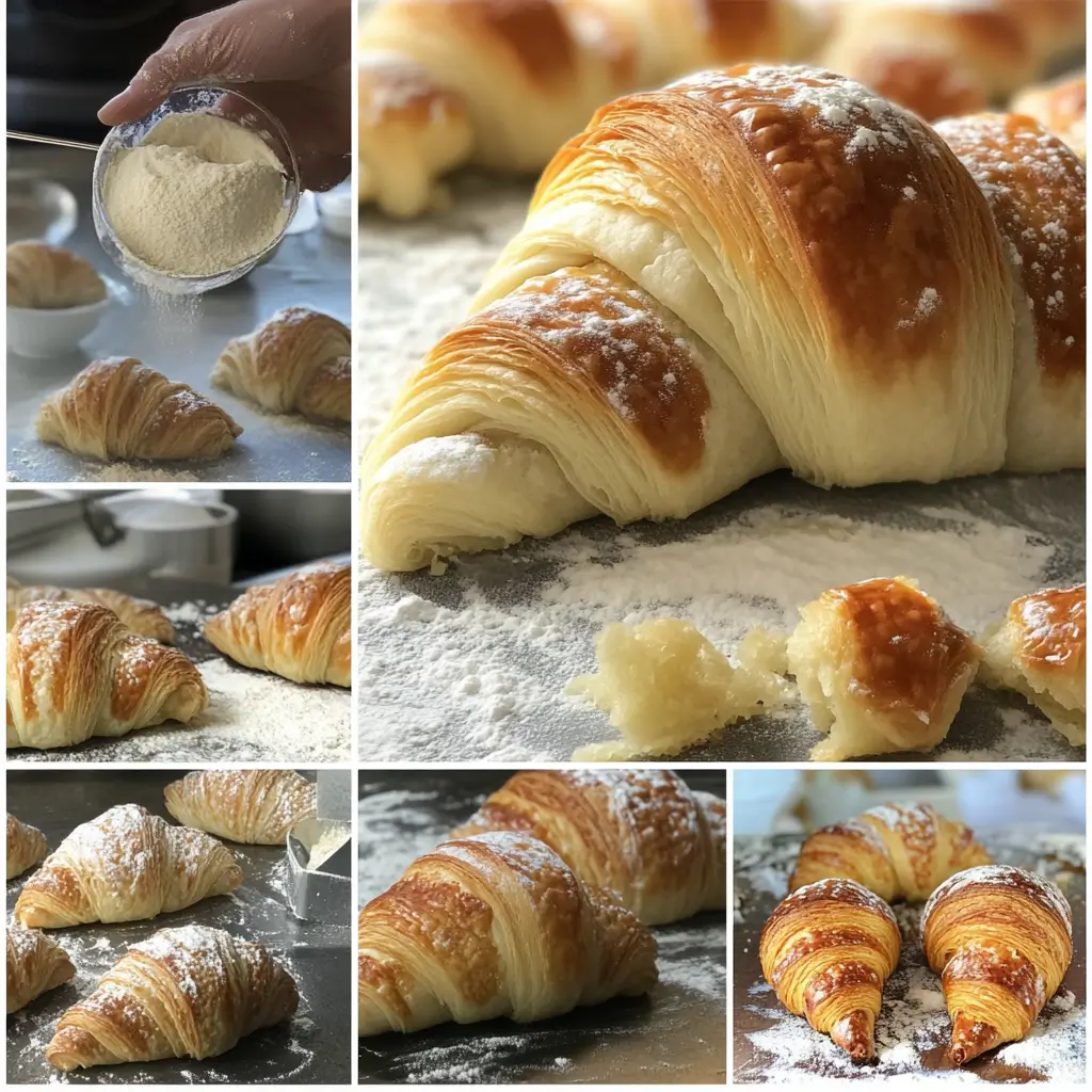 Step-by-step collage illustrating the process of making croissants with Francine flour, featuring dough mixing, shaping, and golden-brown baked croissants.