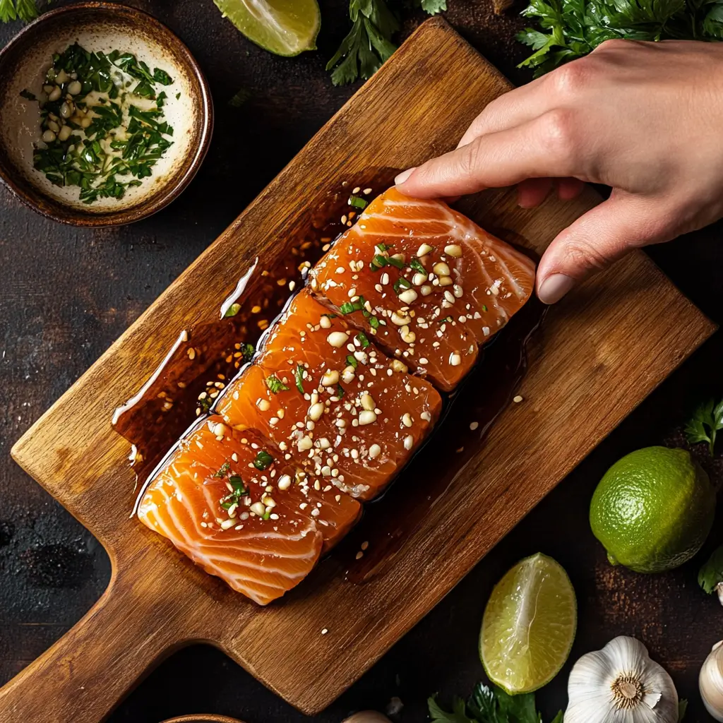 Raw salmon belly being cleaned, deboned, and marinated with soy sauce, garlic, and lime on a wooden cutting board.