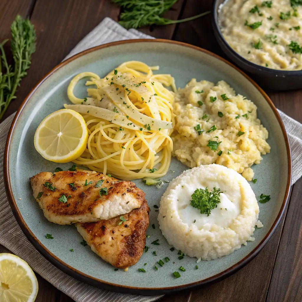 A beautifully arranged dinner plate with buttered egg noodles, creamy Parmesan rice, lemon couscous, garlic mashed potatoes, and polenta on a rustic wooden table.