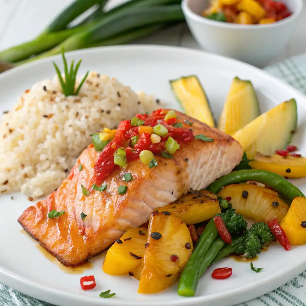 Plate of pineapple chili salmon with a glossy glaze, garnished with fresh pineapple and chili flakes, served with coconut rice and roasted vegetables.