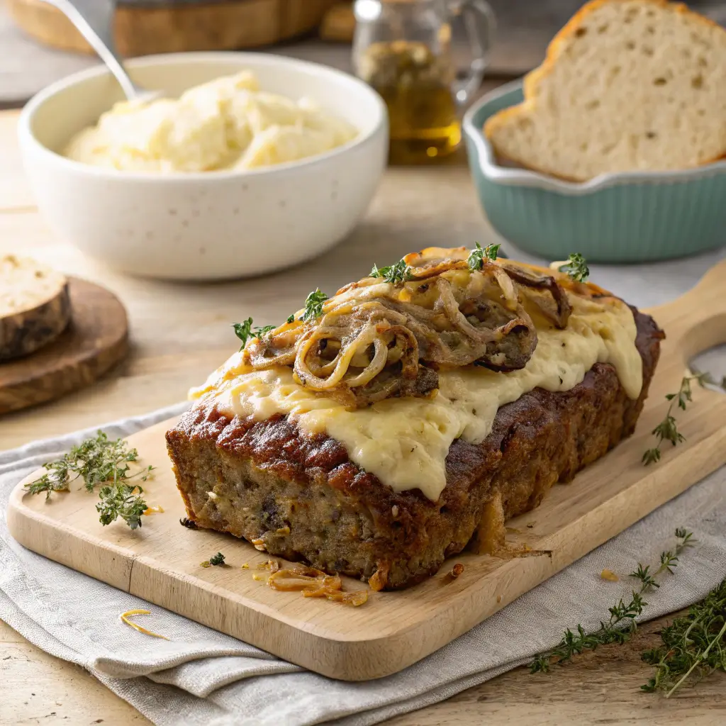 French onion meatloaf topped with melted Gruyère cheese and caramelized onions, served on a rustic wooden board with fresh thyme garnish.