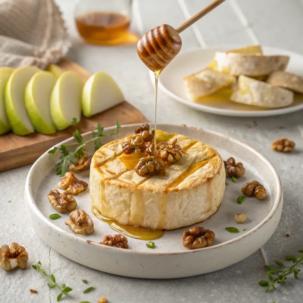 Golden baked brie drizzled with honey, garnished with rosemary, surrounded by walnuts, cranberries, crackers, and apple slices on a wooden platter.