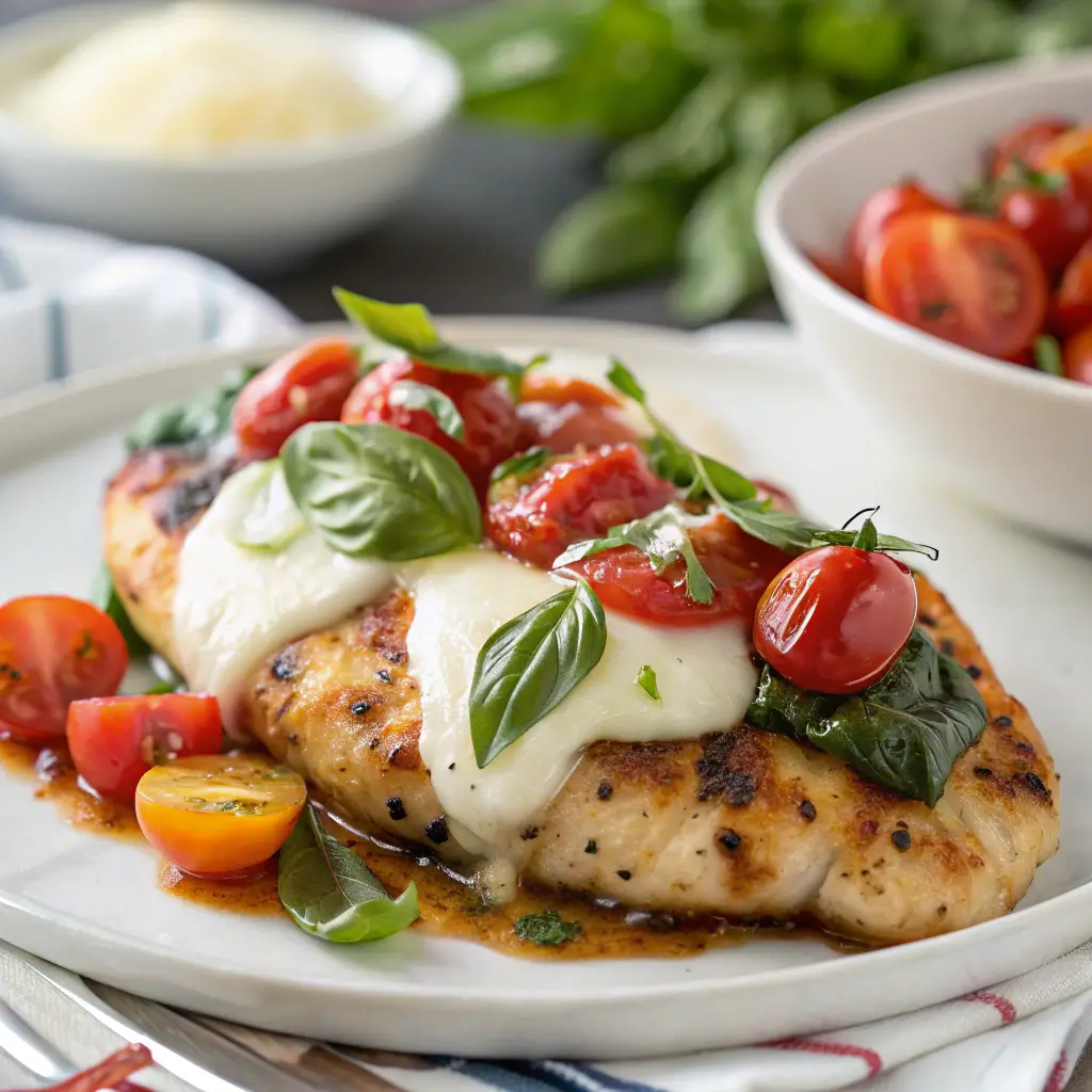 Grilled chicken Margherita recipe with fresh basil and melted mozzarella.