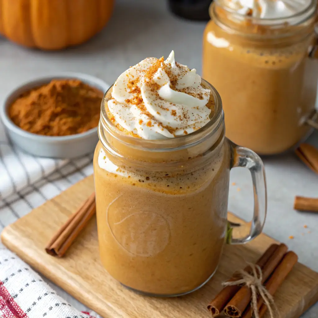 A collection of pumpkin spice protein recipes including smoothies, bars, and pancakes set against a cozy autumn backdrop.