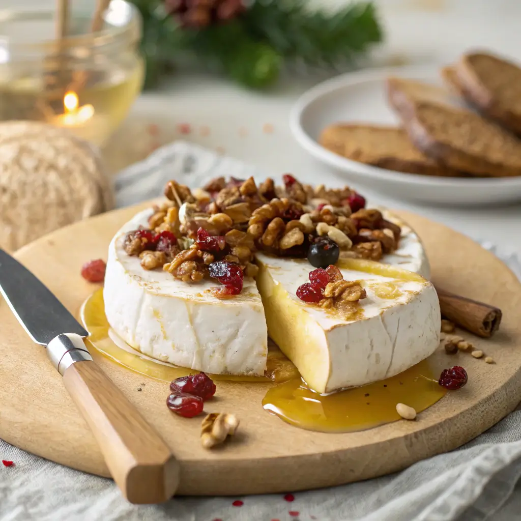 Sliced baked brie wheel with melted cheese, drizzled with honey, topped with chopped nuts and dried fruits, with a knife on the side.






