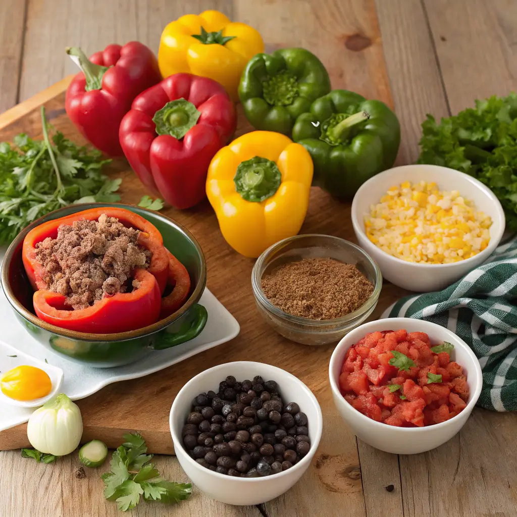 A colorful display of red, yellow, and green bell peppers with bowls of ground meat, diced tomatoes, black beans, corn, and herbs on a rustic wooden table.