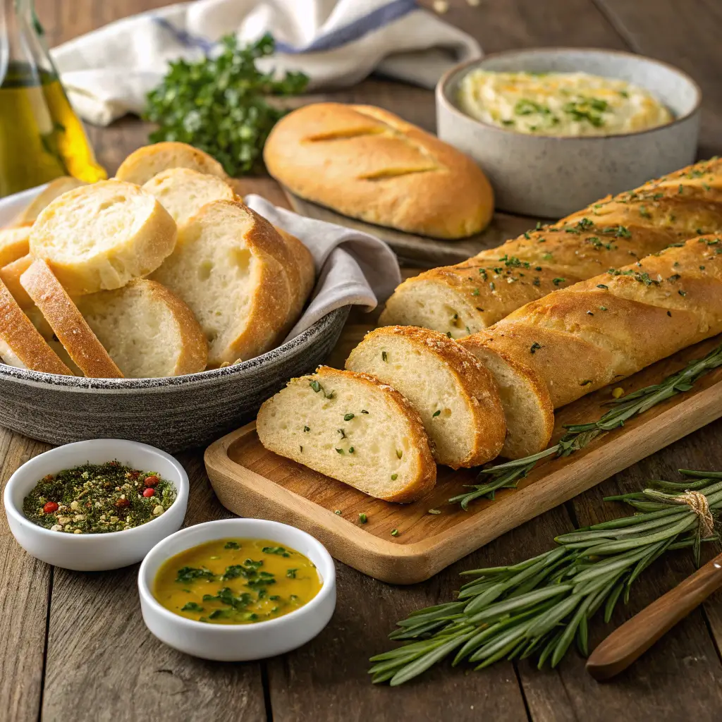 An assortment of garlic bread, crusty Italian bread, and Parmesan breadsticks on a rustic wooden table, garnished with herbs and olive oil.