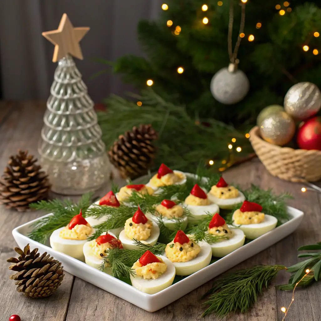 Christmas deviled eggs arranged in a Christmas tree shape, garnished with dill and red bell pepper, surrounded by holiday decorations.