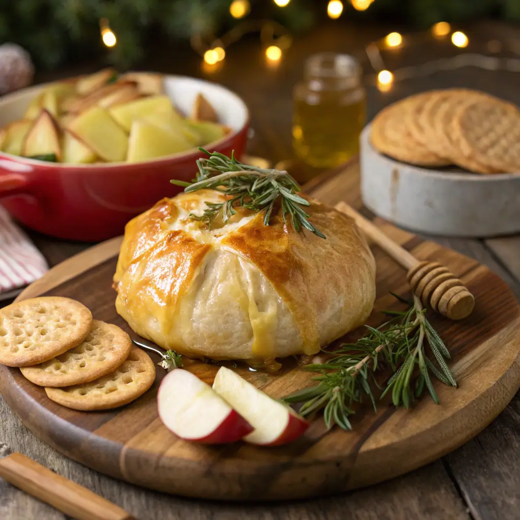 Baked brie wrapped in crescent roll dough with rosemary and honey, surrounded by crackers and apple slices on a wooden board.