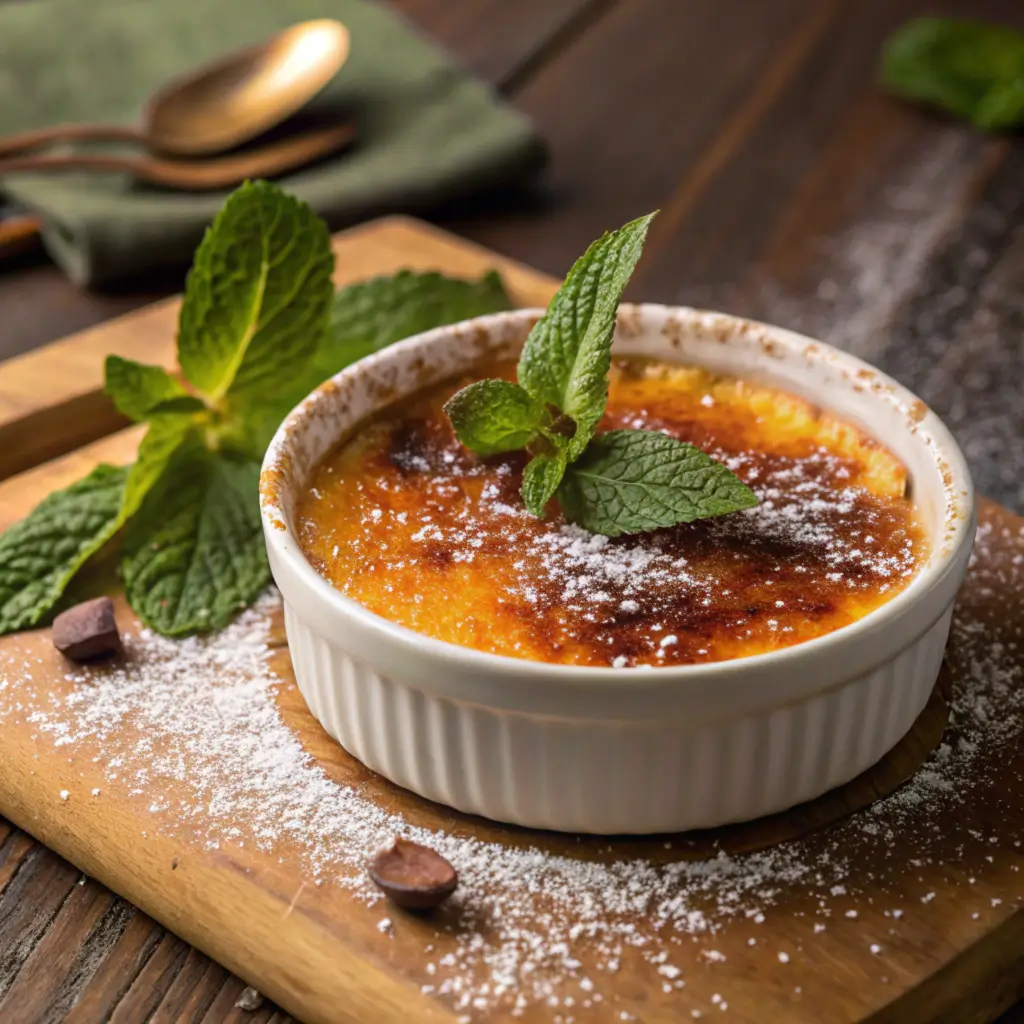 Sweet Potato Brûlée with a caramelized sugar crust, garnished with mint and powdered sugar, on a rustic wooden background.