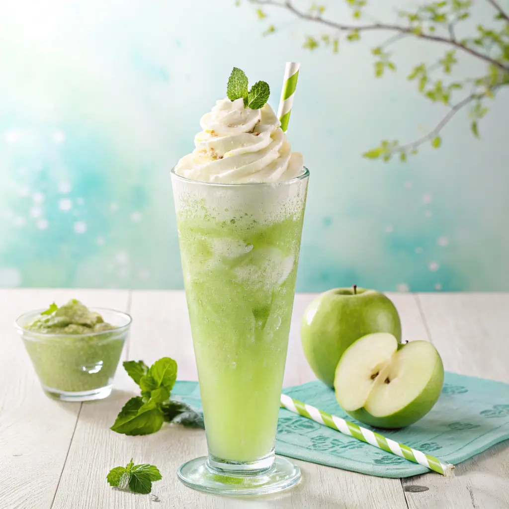 A refreshing green apple float in a tall glass, topped with whipped cream and garnished with a slice of green apple, set against a summery background.