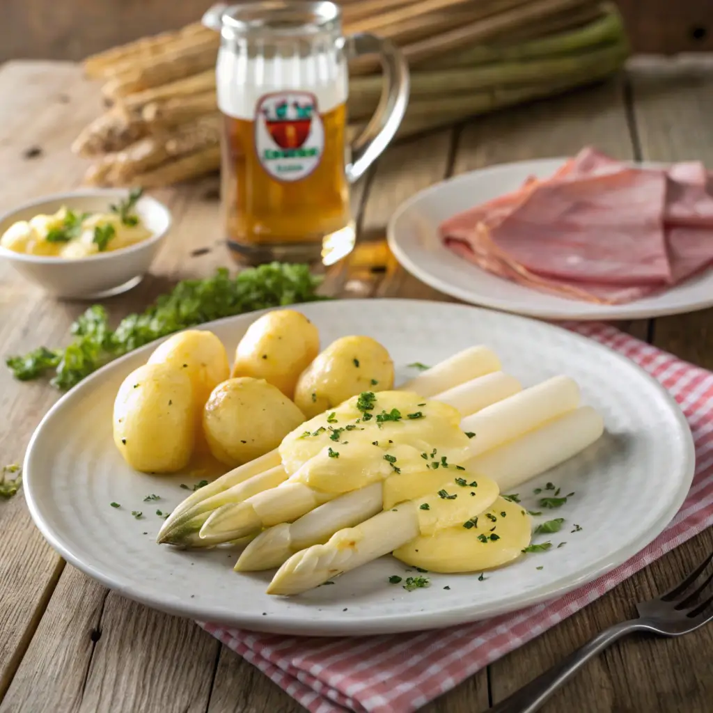 Traditional German meal featuring white asparagus with Hollandaise sauce, boiled potatoes, and ham on a rustic wooden table.