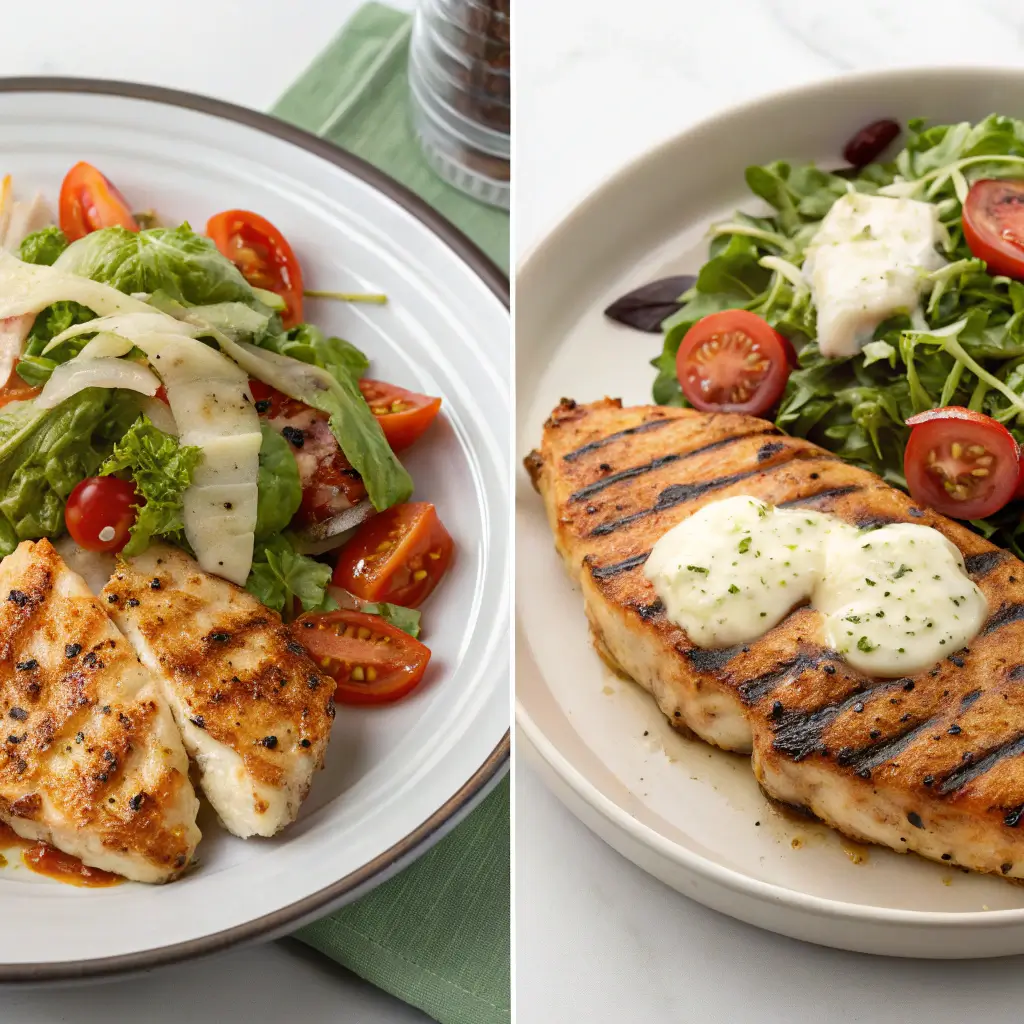 Plated grilled chicken Margherita served with Caprese salad and garlic bread.

