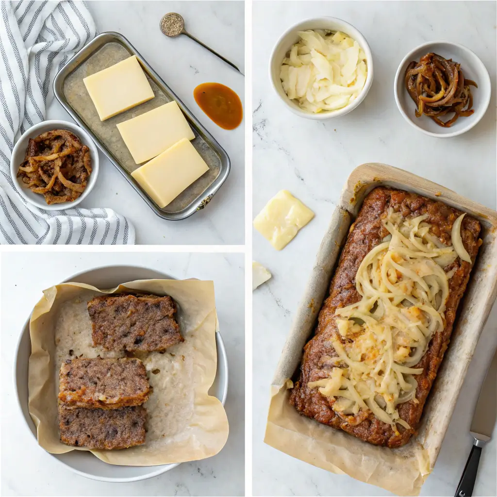 Step-by-step process for making French onion meatloaf: caramelized onions, mixed meat base, loaf shaping, and baked meatloaf with melted cheese topping.