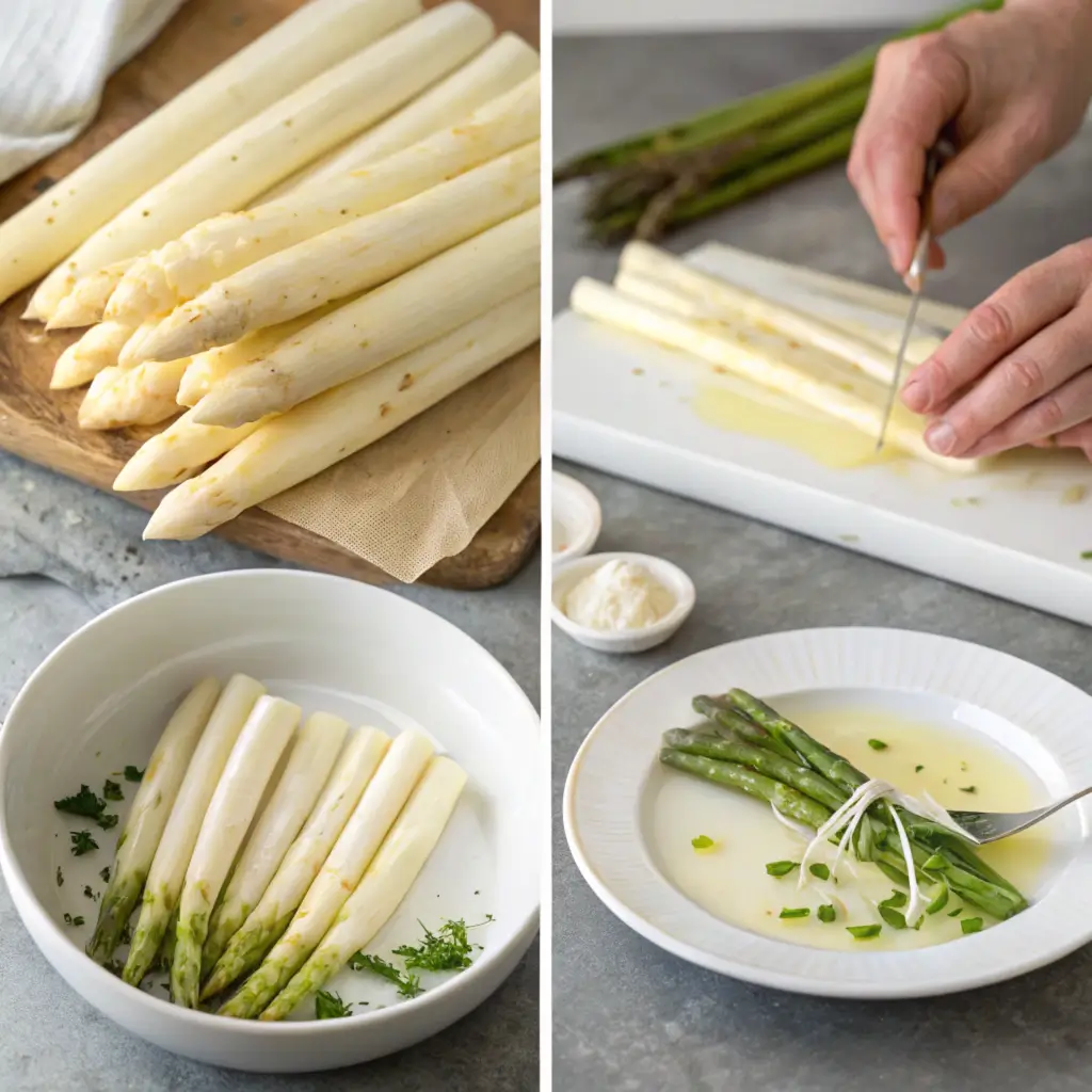  Step-by-step collage of white asparagus preparation: selecting, peeling, boiling, and plating Spargel in Schinken.