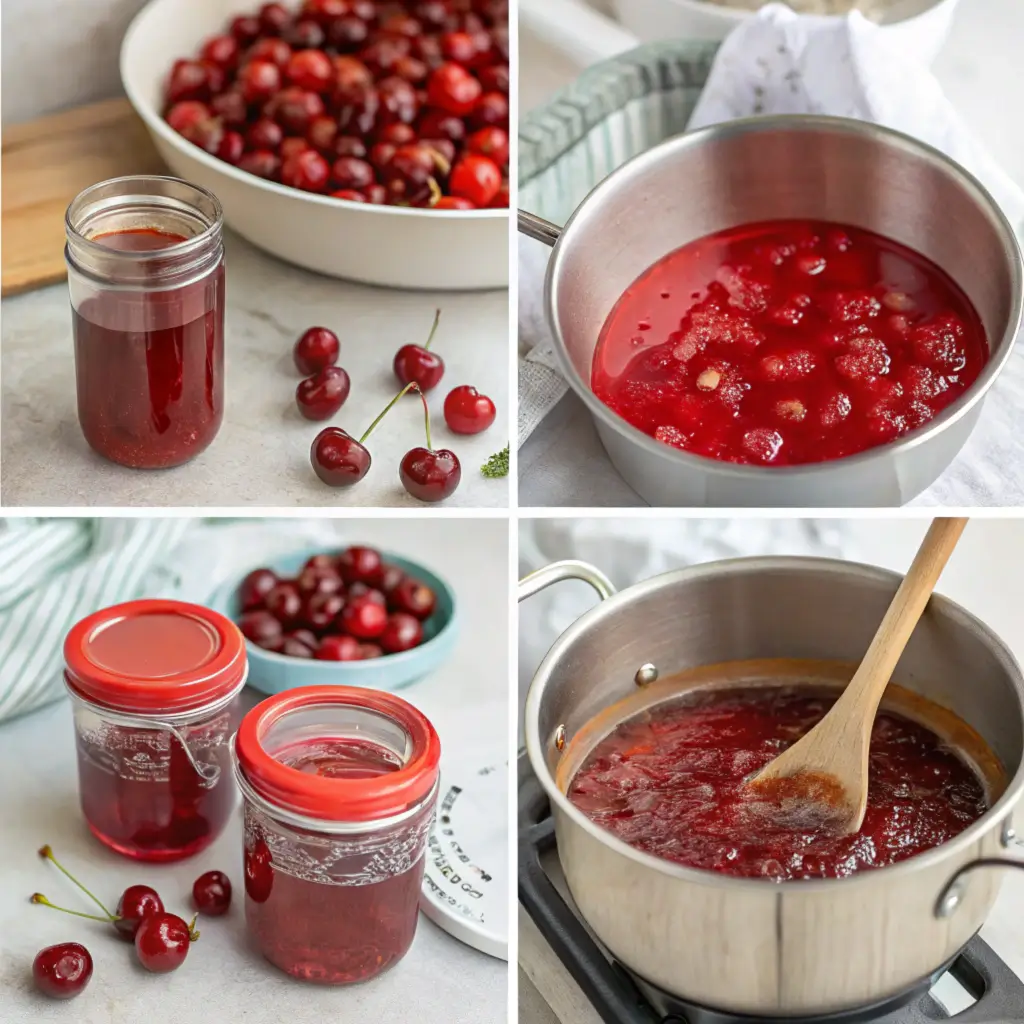 Collage showing the cherry jelly-making process: pitting cherries, boiling the mixture, testing consistency, and filling jars.