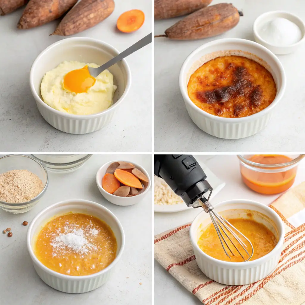 A collage showing the stages of making Sweet Potato Brûlée: mashing sweet potatoes, mixing custard, filling ramekins, and torching the sugar topping.