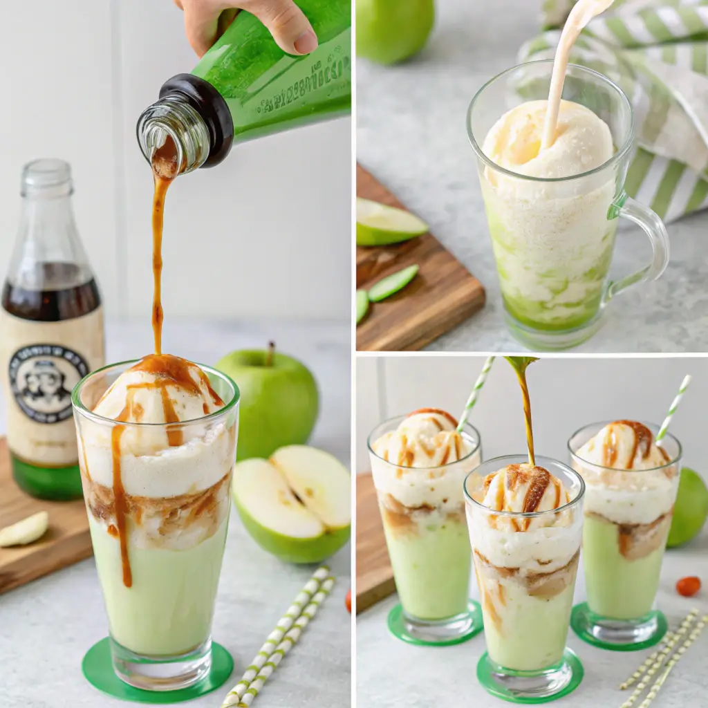 A collage of steps showing how to make a green apple float, including pouring green apple soda over ice cream, adding caramel drizzle, and the finished drink with a straw.