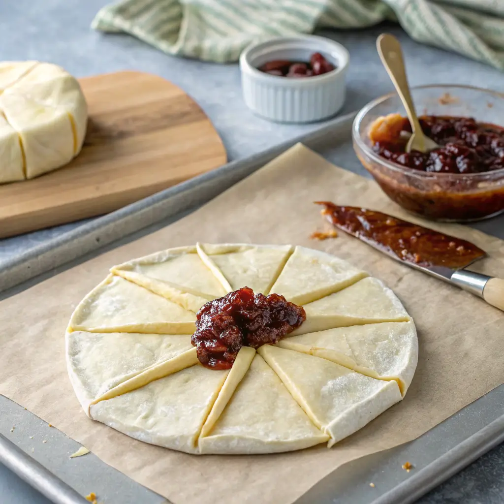 Step-by-step preparation of baked crescent roll brie, from unwrapping brie to the final baked dish on a parchment-lined baking sheet.






