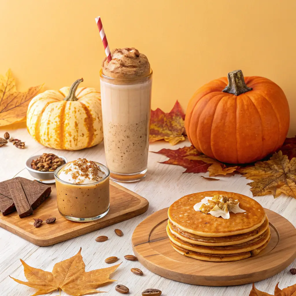 Close-up of a high-protein pumpkin spice smoothie topped with whipped cream and cinnamon in a mason jar.