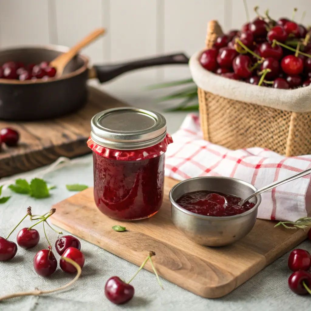 Jar of homemade cherry jelly on a rustic wooden table with fresh cherries and a saucepan.