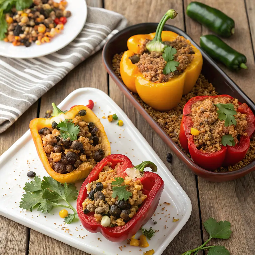 A colorful array of stuffed bell peppers without rice, including Mexican-inspired with black beans, Italian-style with ground meat, and vegetarian options filled with quinoa on a rustic wooden table.