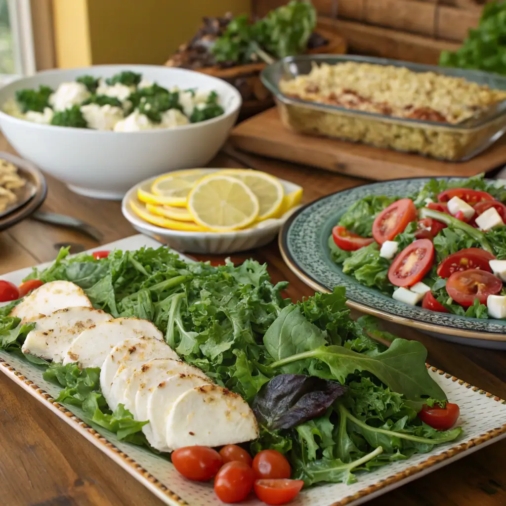 Arugula salad topped with cherry tomatoes and shaved Parmesan, drizzled with lemon vinaigrette.