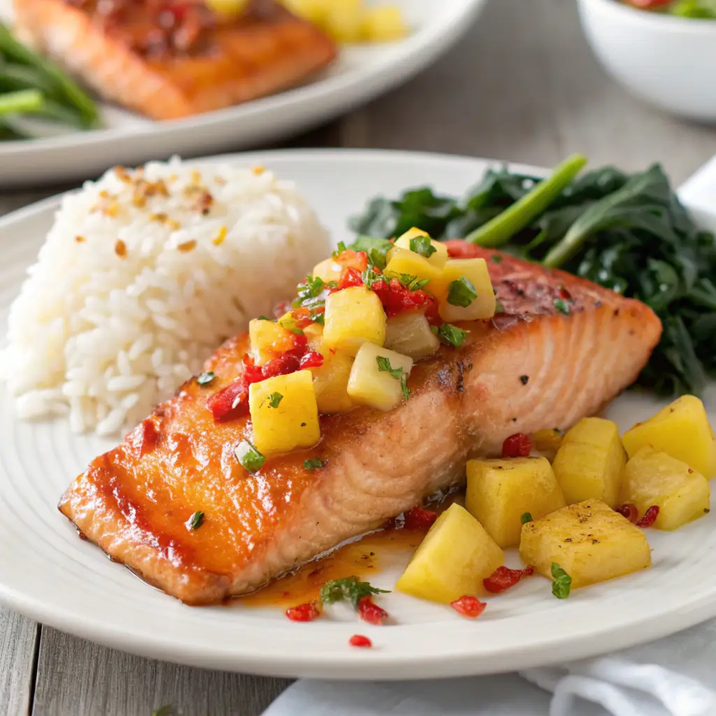 Close-up of pineapple chili salmon fillets with a glossy glaze, served with coconut rice and roasted vegetables.