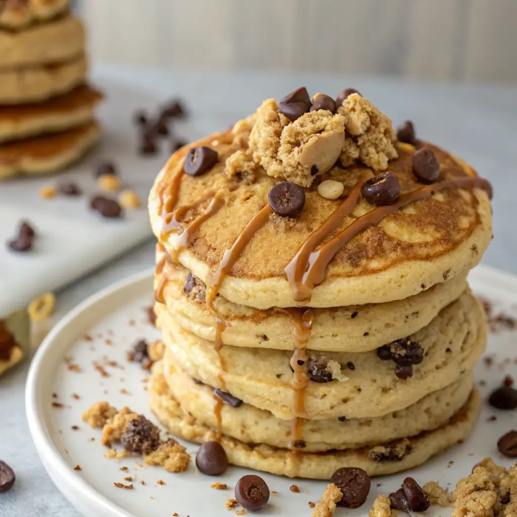 Stack of Monster Cookie Pancakes topped with chocolate chips and a peanut butter drizzle, made using pancake mix recipes cookies.