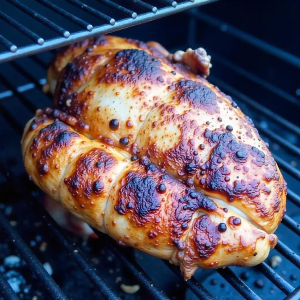 Smoked turkey breast on a Traeger grill with golden skin, wood pellets, and light smoke in a backyard setting.