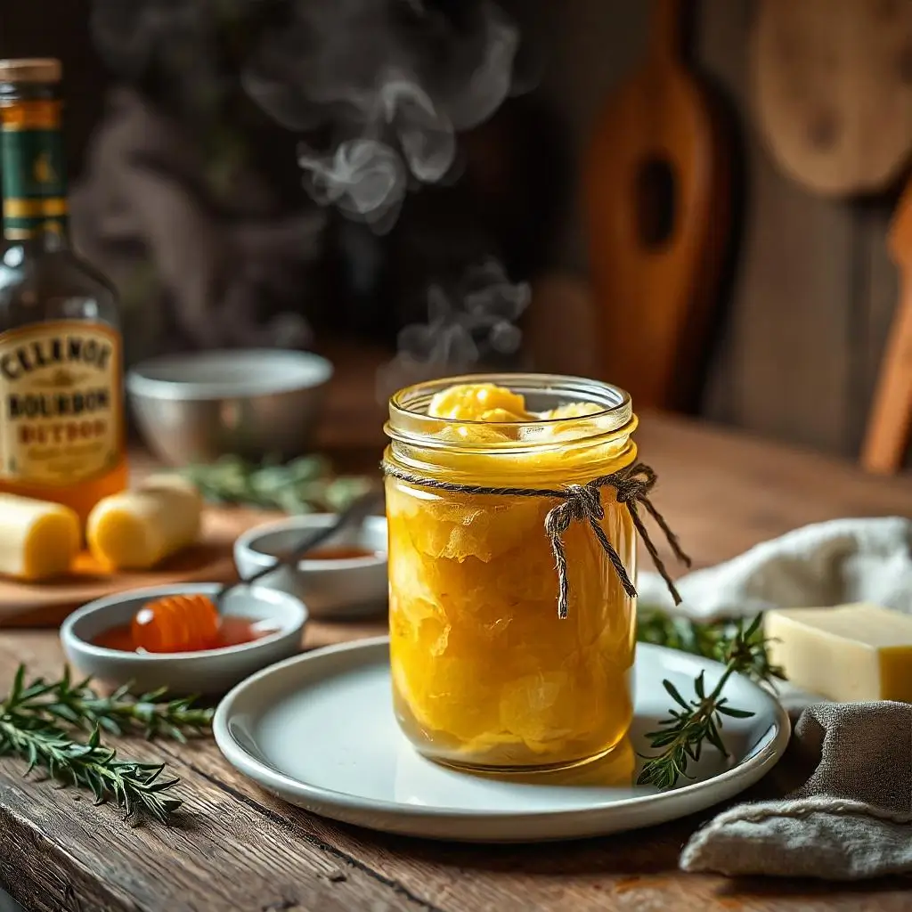 A jar of golden hot bourbon butter on a wooden counter surrounded by butter sticks, fresh herbs, honey, and a bottle of bourbon in a warm, rustic setting.