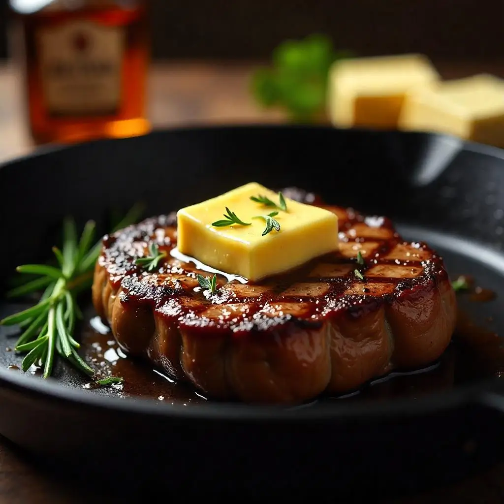 A close-up view of a steak in a skillet topped with melting hot bourbon butter, garnished with fresh parsley and rosemary, with bourbon and butter in the background.