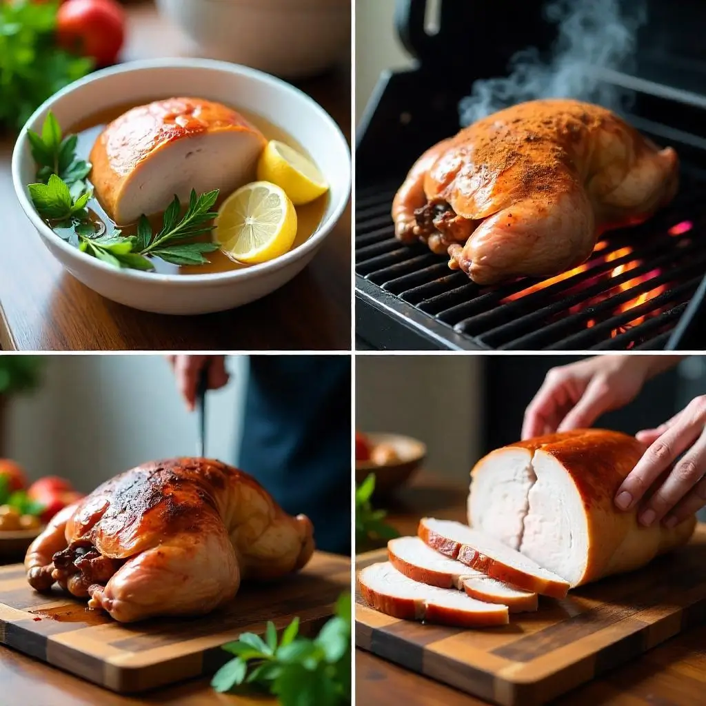 Turkey breast preparation process: brining, seasoning, grilling on a Traeger, and carving juicy slices in a bright kitchen.