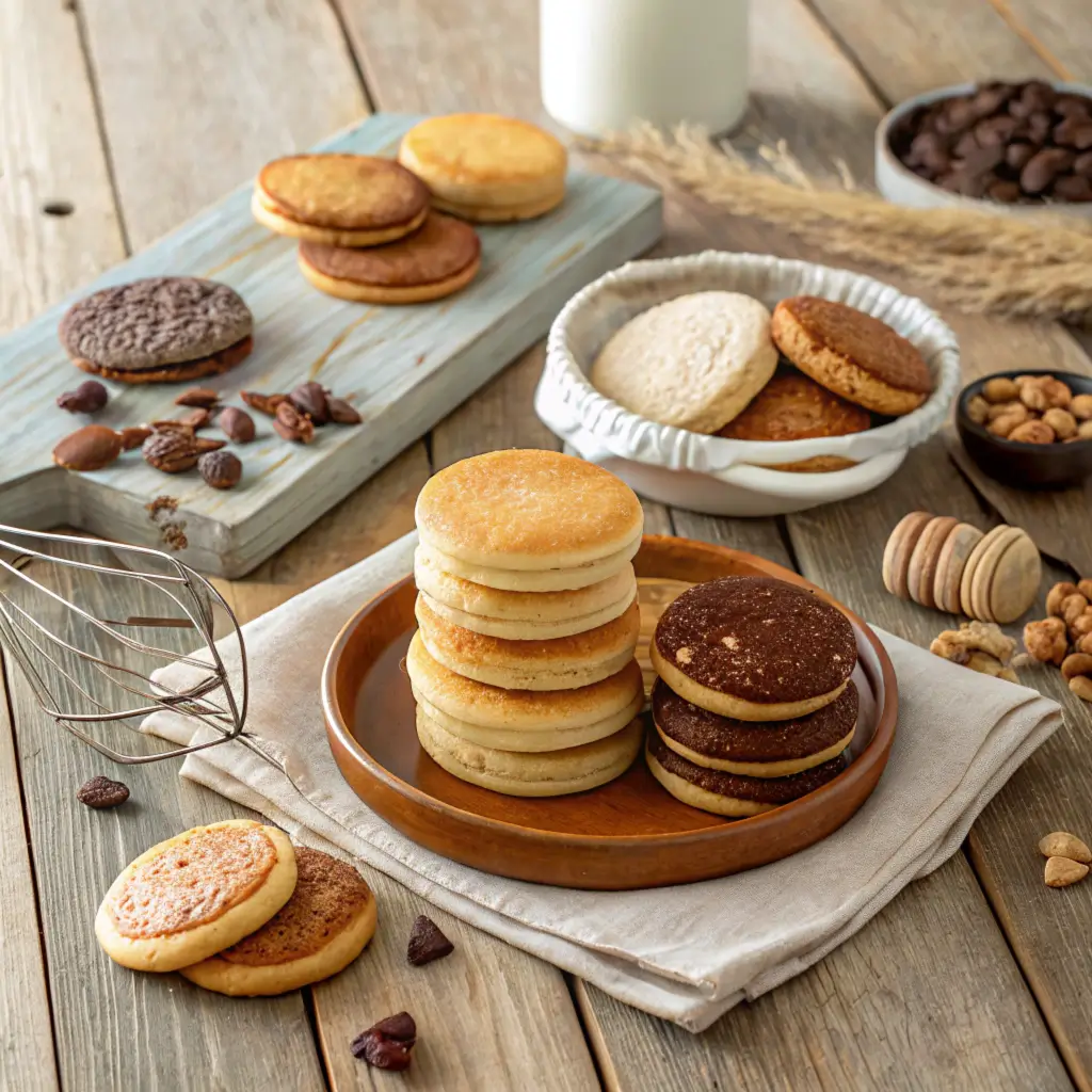 A variety of pancake mix recipes cookies displayed on a wooden table, showcasing different cookie types made with pancake mix.