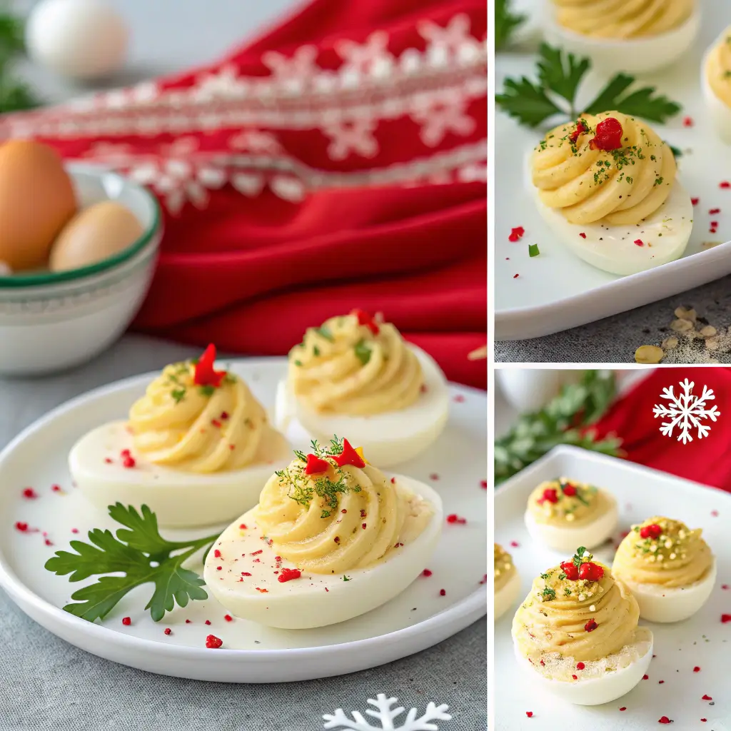 Step-by-step preparation of Christmas deviled eggs, with yolk filling piped into egg whites and garnished for the holidays.