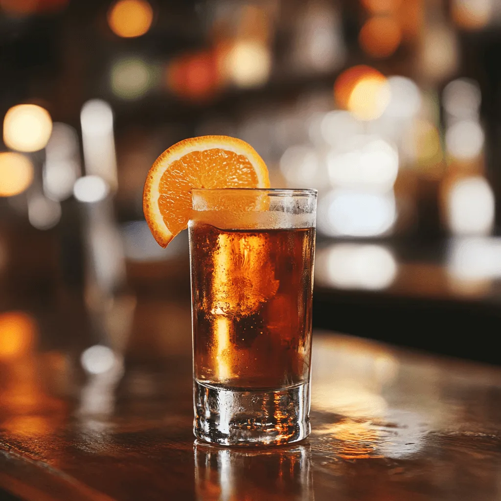 Orange Tea Shot with an orange slice garnish served on a rustic bar counter, with blurred bar essentials in the background.