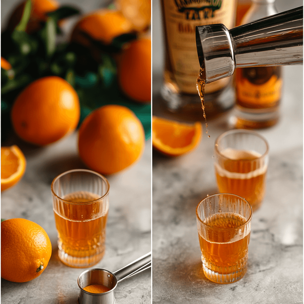 Collage showing Orange Tea Shot preparation: measuring, shaking in a cocktail shaker, and pouring into shot glasses, with oranges and Jameson Orange whiskey in the background.