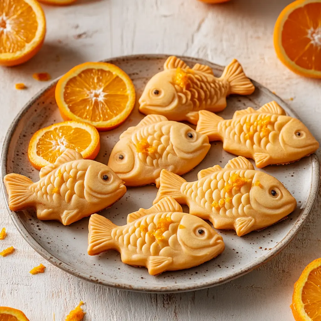 Fish-shaped orange cookies with orange slices and zest on a decorative plate against a rustic background.